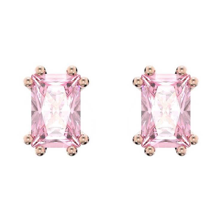 Swarovski Stilla Rose Gold Tone Plated Pink Crystal Cushion Cut Stud Earrings - Silver