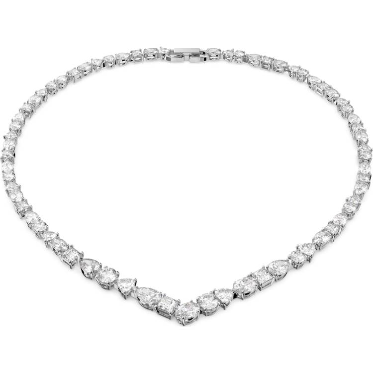 Swarovski Tennis Rhodium Plated White Crystal Mixed Cuts Deluxe V Necklace - Silver