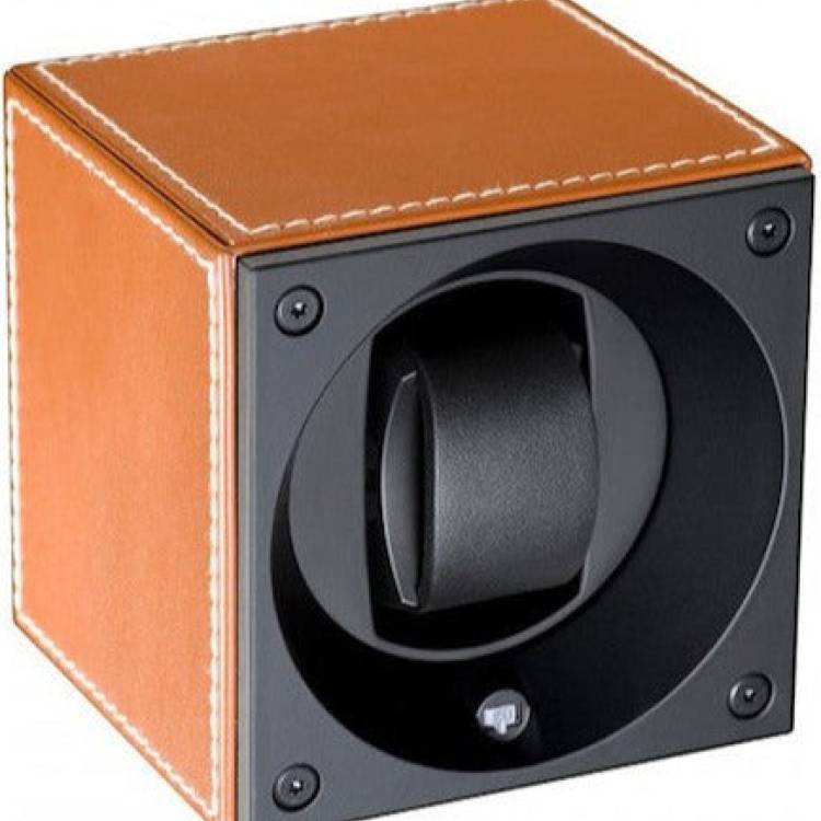 Swiss Kubik Watch Winder Single Cognac Leather With White Stitches - Brown