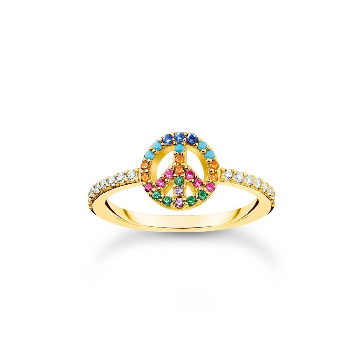 Thomas Sabo Charm Club Gold Plated Sterling Silver Colourful Peace Ring - 52