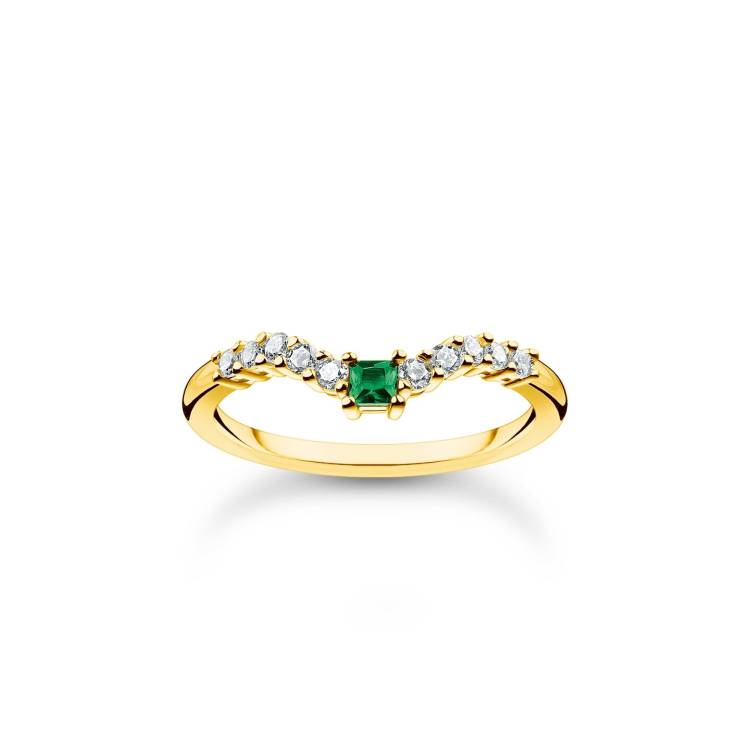 Thomas Sabo Charm Club Gold Plated Sterling Silver Green White Stone Ring - 56