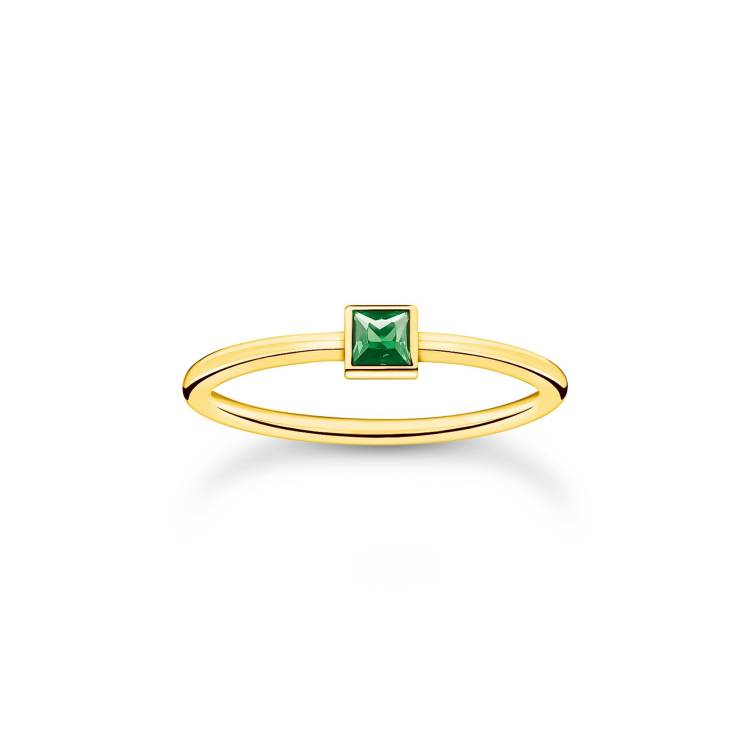 Thomas Sabo Charm Club Gold Plated Sterling Silver Green Stone Ring - 52