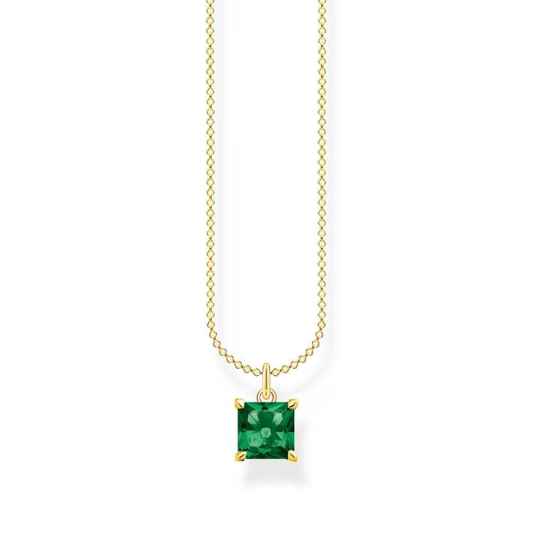 Thomas Sabo Charm Club Gold Plated Sterling Silver Green Stone Necklace - Silver