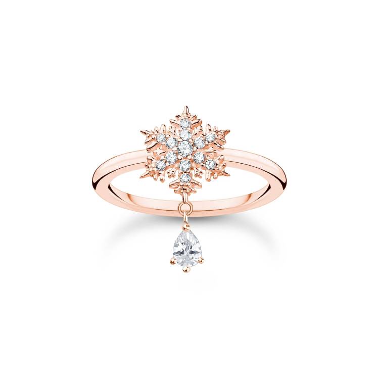 Thomas Sabo Charm Club Rose Gold Plated Sterling Silver Snowflake White Stones Ring - 48