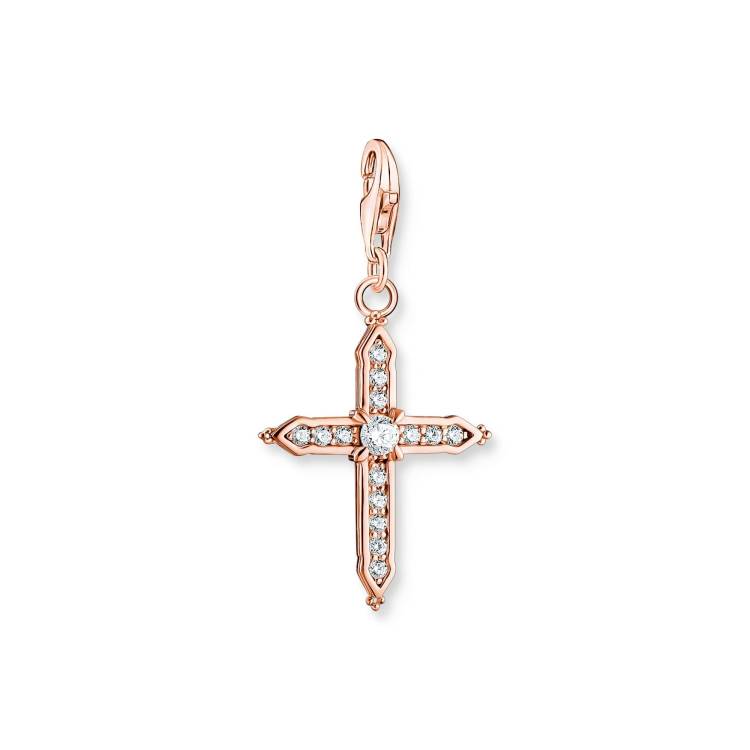 Thomas Sabo Charm Club Rose Gold Plated Sterling Silver White Stones Cross Charm - Silver