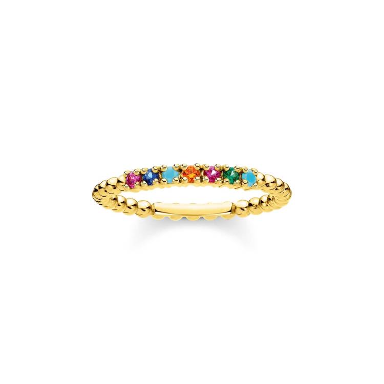 Thomas Sabo Charm Club Sterling Silver Yellow Gold Plated Colourful Stones Ring - 60