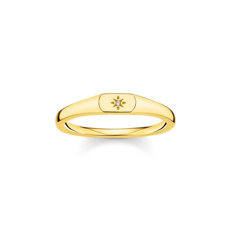 Thomas Sabo Charm Club Sterling Silver Yellow Gold Plated CZ Star Engraved Ring - 56