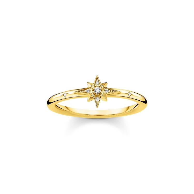 Thomas Sabo Charm Club Sterling Silver Yellow Gold Plated CZ Star Ring - 52