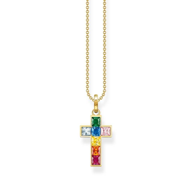 Thomas Sabo Gold Plated Sterling Silver Colourful Stone Cross Necklace - Silver