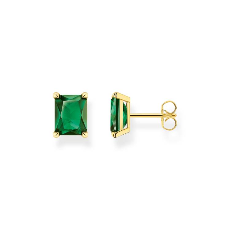 Thomas Sabo Gold Plated Sterling Silver Green Stone Stud Earrings - Silver