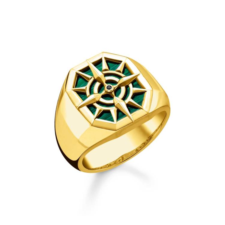 Thomas Sabo Gold Plated Sterling Silver Green Compass Ring - 56