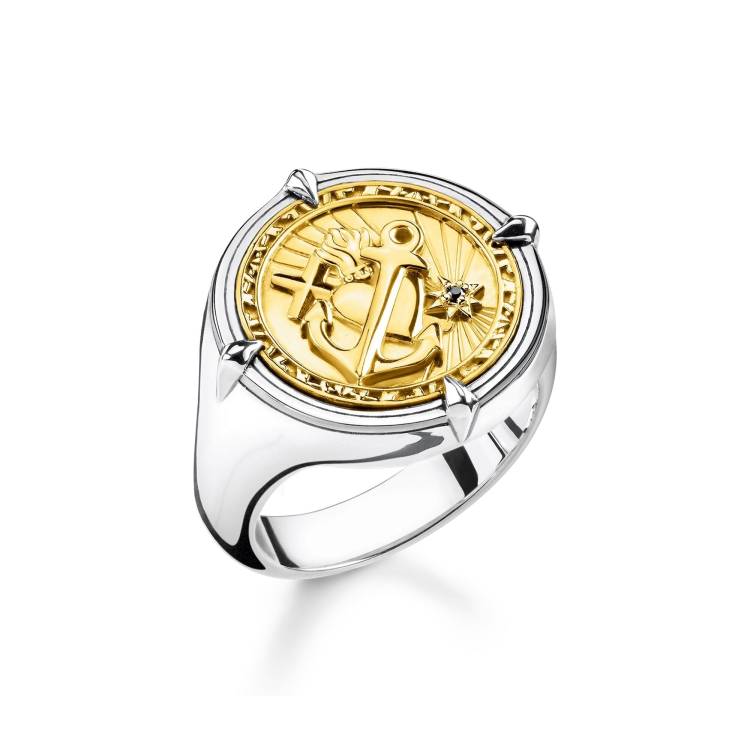 Thomas Sabo Rebel At Heart Sterling Silver Yellow Gold Plated Black CZ Signet Ring - 48