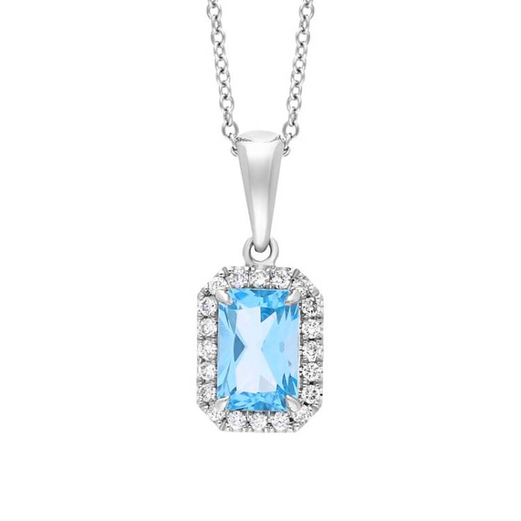 Tivon 18ct White Gold Blue Topaz Diamond Cluster Emerald Cut Necklace