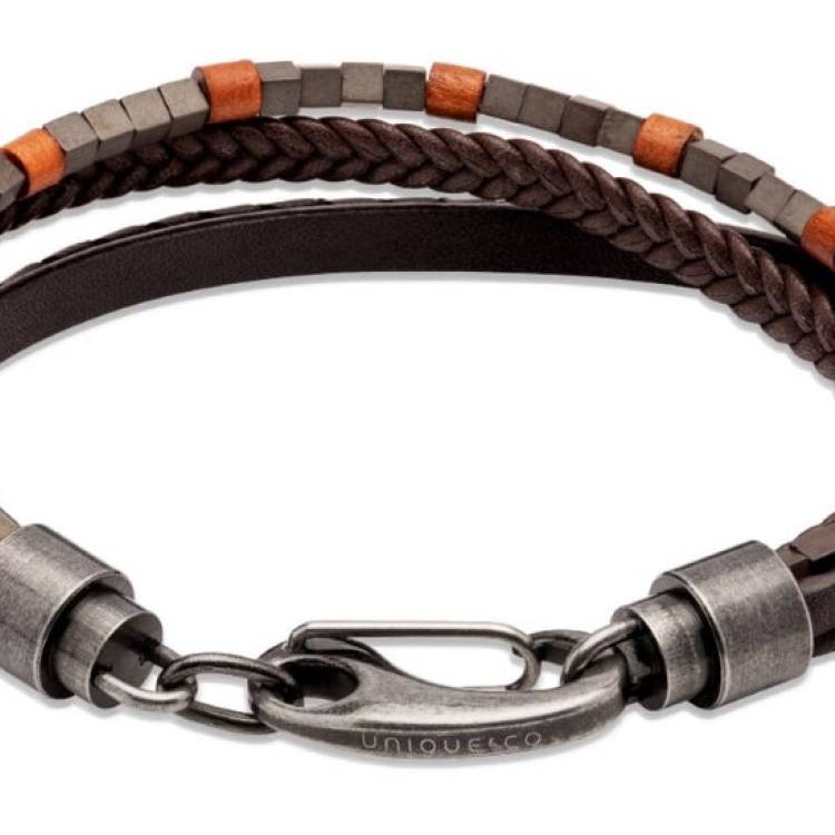 Unique & Co Black Brown Leather Hematite and Wood Beads Bracelet
