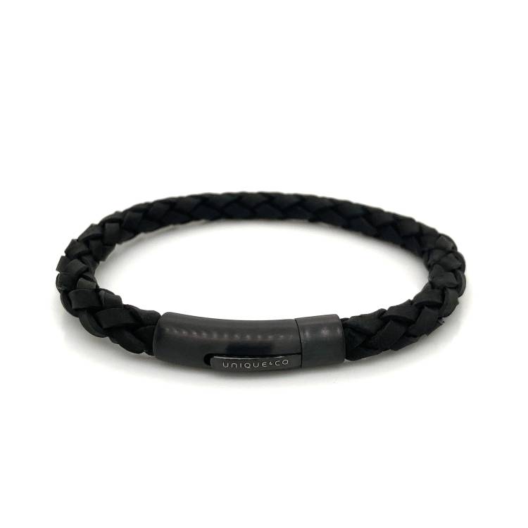 Unique & Co Stainless Steel IP Plated Black Leather Magnetic Clasp Bracelet