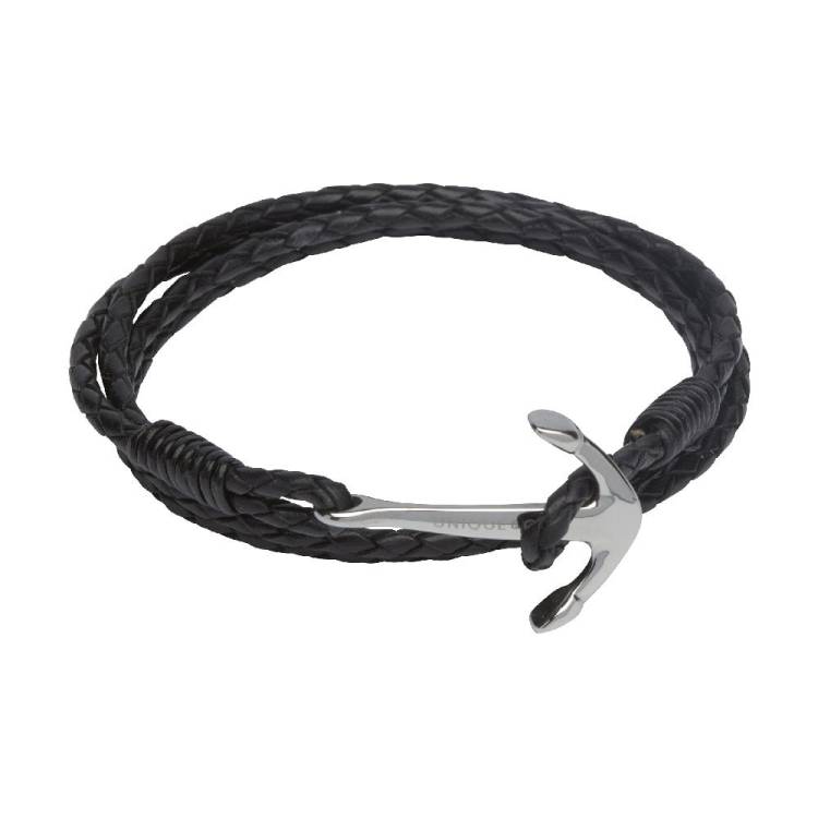 Unique & Co Stainless Steel Anchor Clasp Black Leather Bracelet