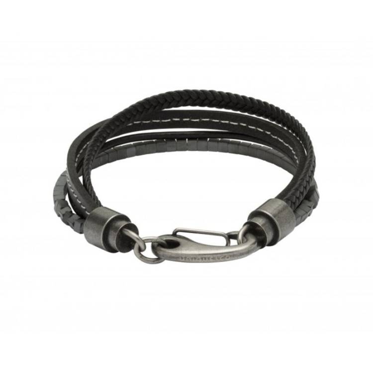 Unique & Co Stainless Steel Black Leather White Stitching Hematite Bracelet