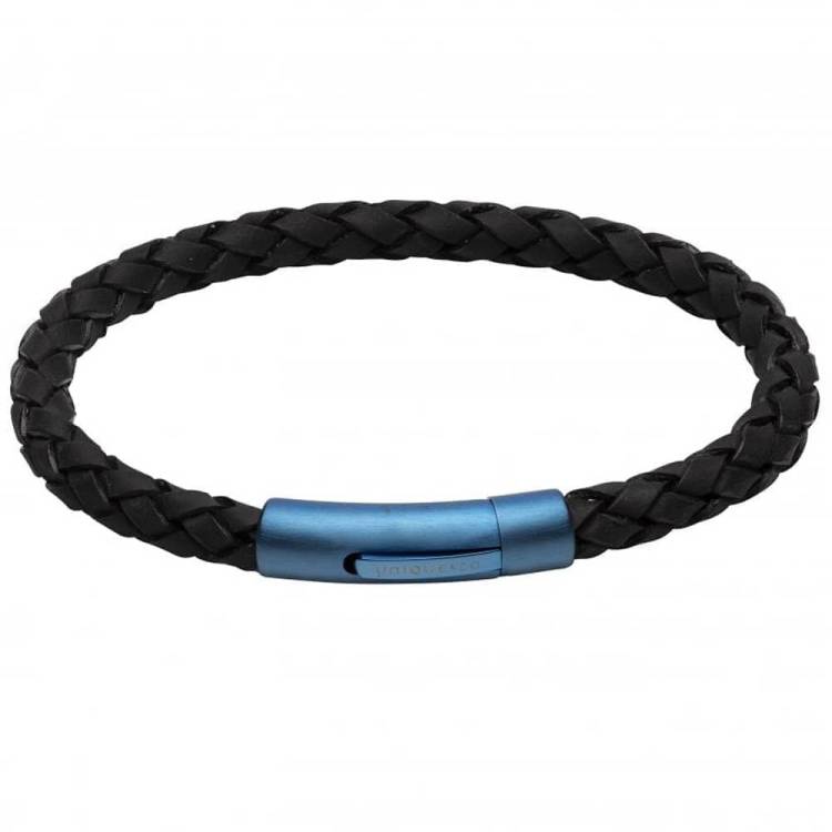 Unique & Co Stainless Steel Blue IP Black Leather Bracelet