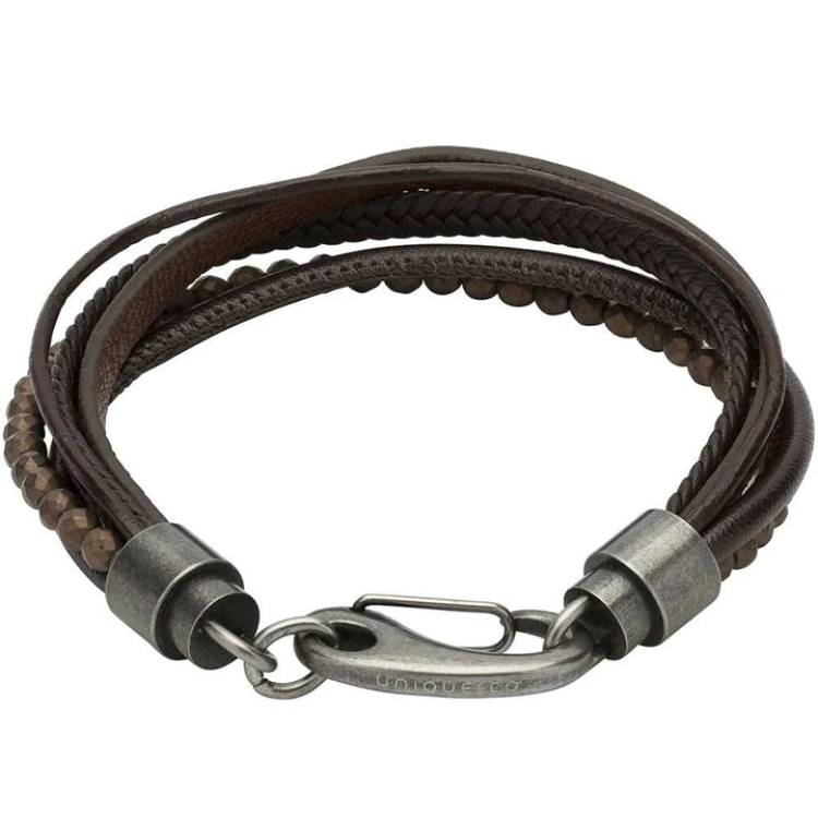 Unique & Co Stainless Steel Five Row Brown Leather Hematite Bracelet