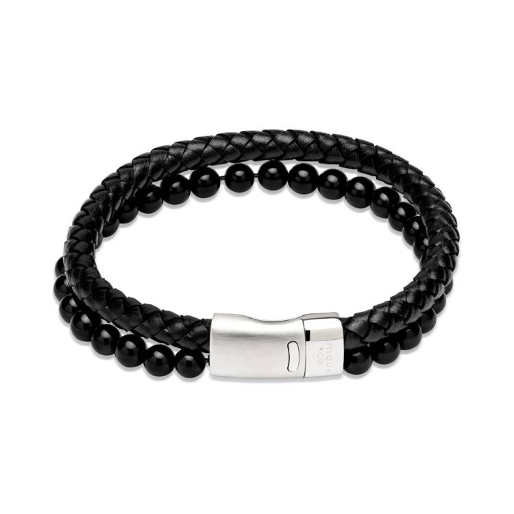 Unique & Co Stainless Steel Two Row Leather Onyx Bracelet