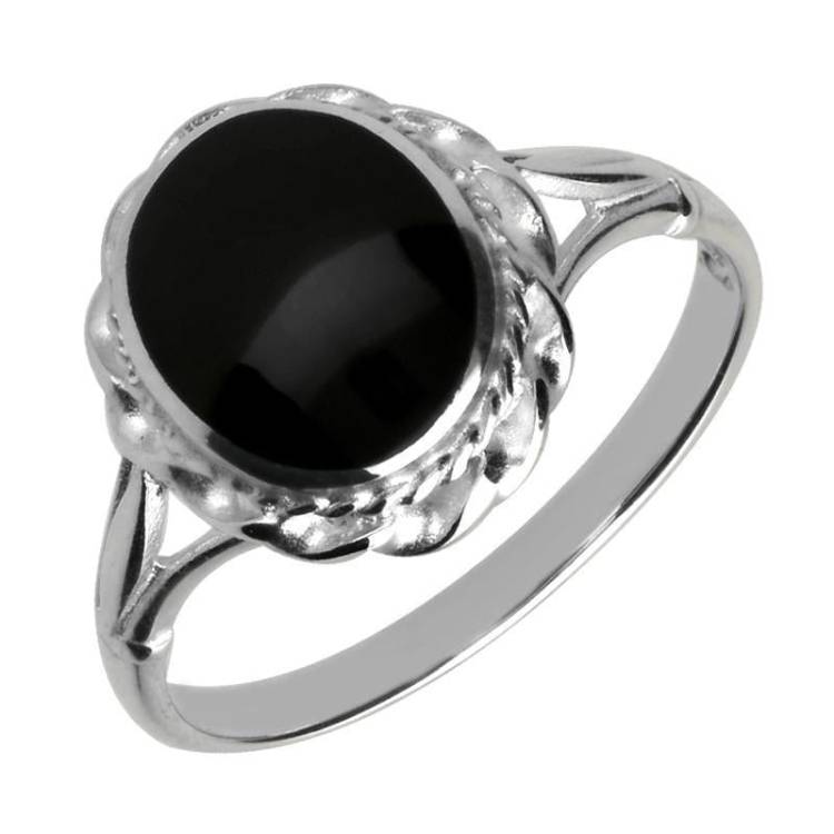 Sterling Silver Whitby Jet Oval Rope Twist Ring - Silver