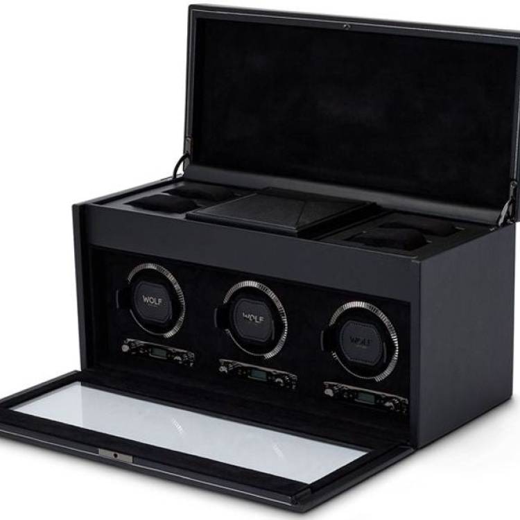 WOLF Watch Winder British Racing Black Triple Storage - Black