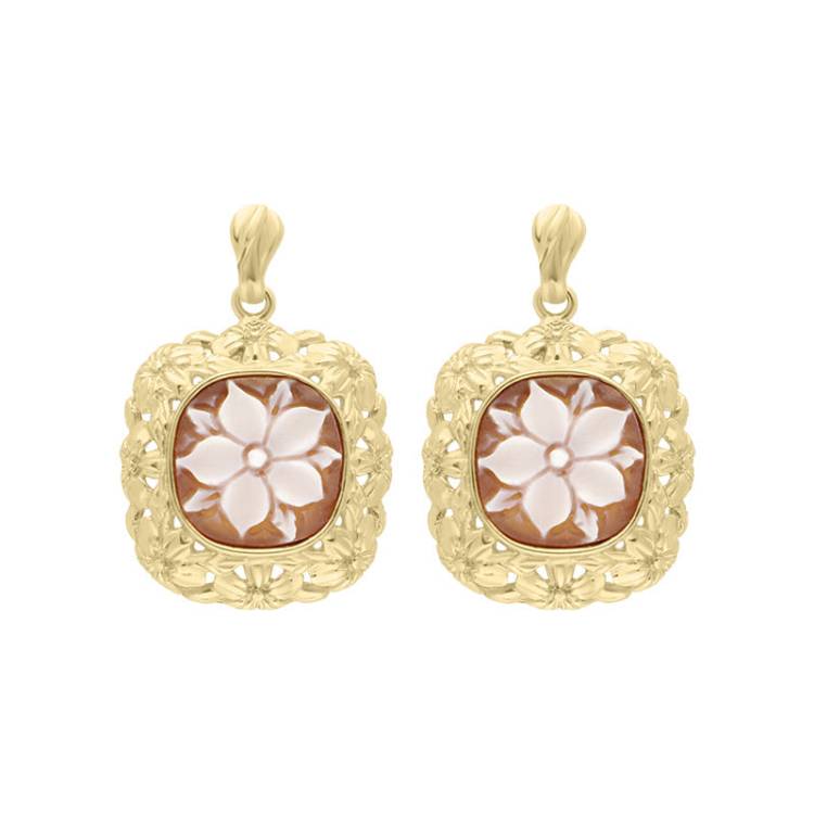 Yellow Gold Plated Sterling Silver Cameo Floral Framed Cushion Drop Earrings D