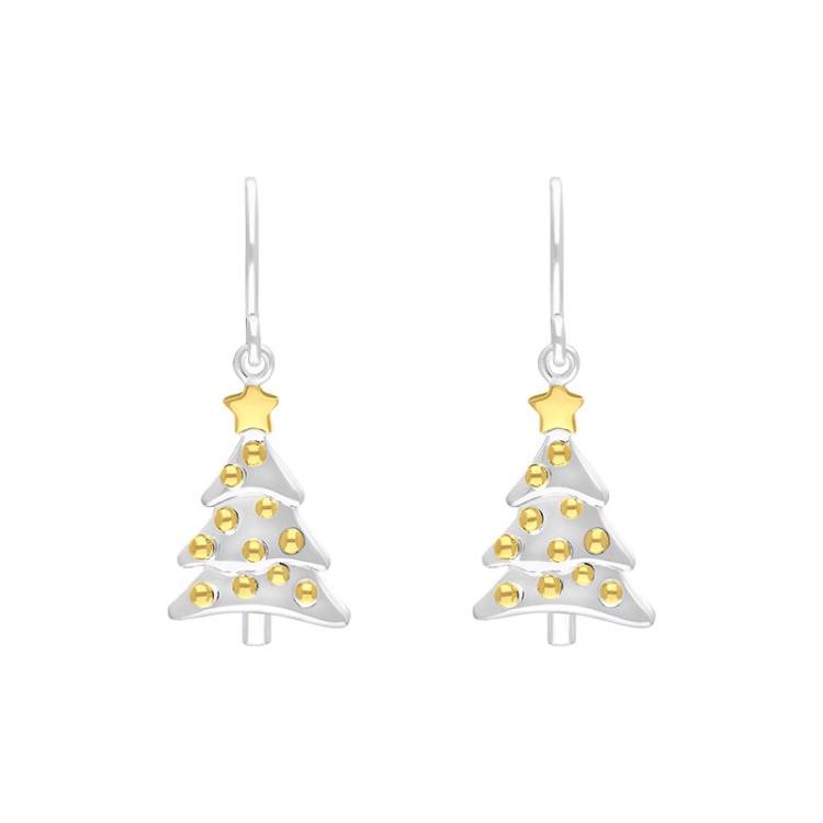 Yellow Gold Plated Sterling Silver Christmas Tree Hook Earrings