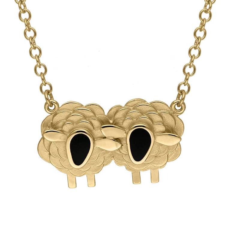 9ct Yellow Gold Whitby Jet Two Large Sheep Necklace - Gold